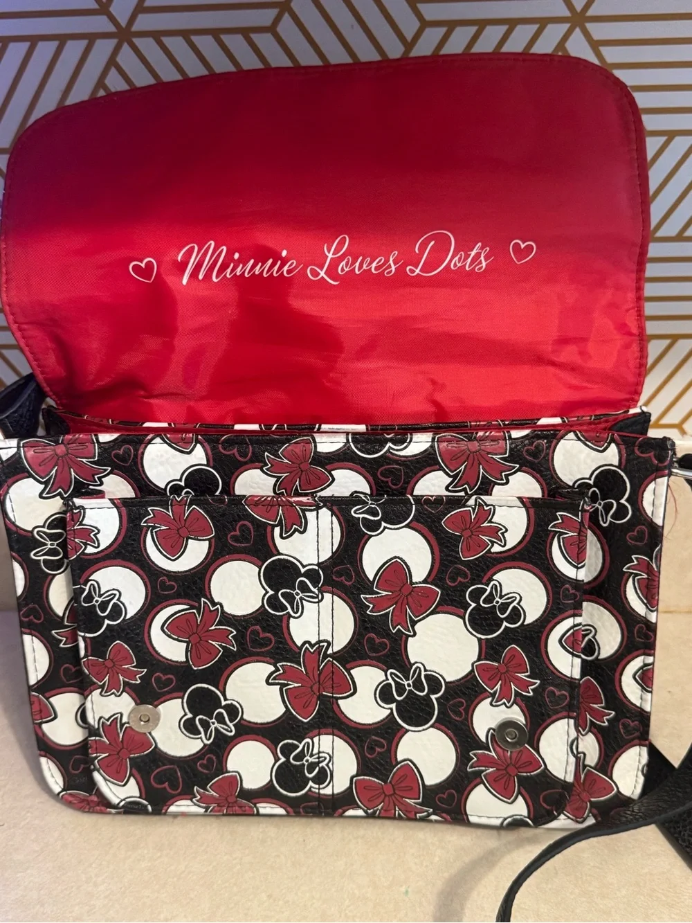 Disney “Minnie Loves Dots” Black & Red Minnie Ears Book Bag Satchel Buckle Front